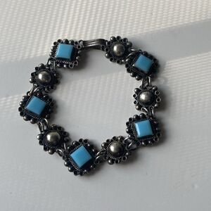 VTG 925 Sterling Silver 40s/50s Ornate Turquoise Glass Panel Bracelet 14g MEXICO